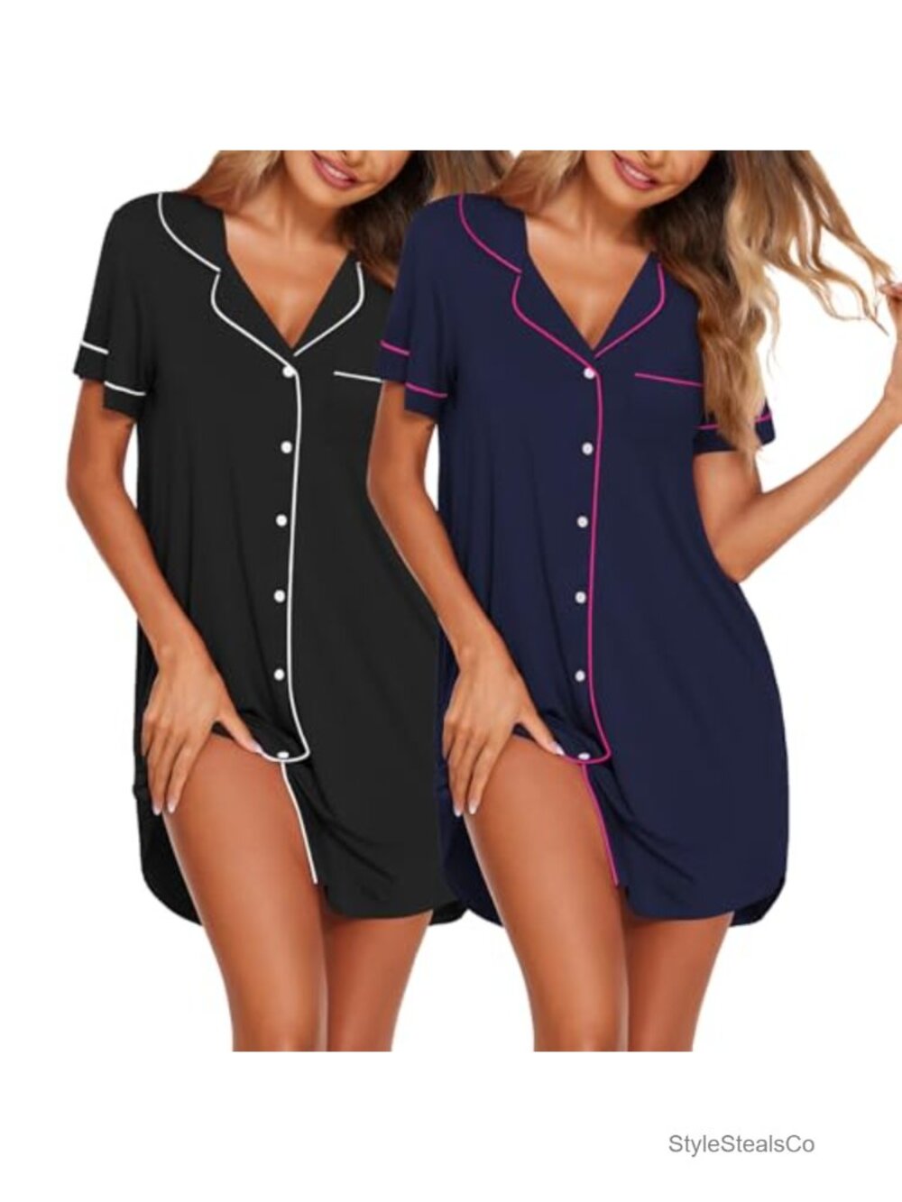 2 Pack Button Down Nightgowns Sleepshirts Short Sleeve Soft Pajama Dress